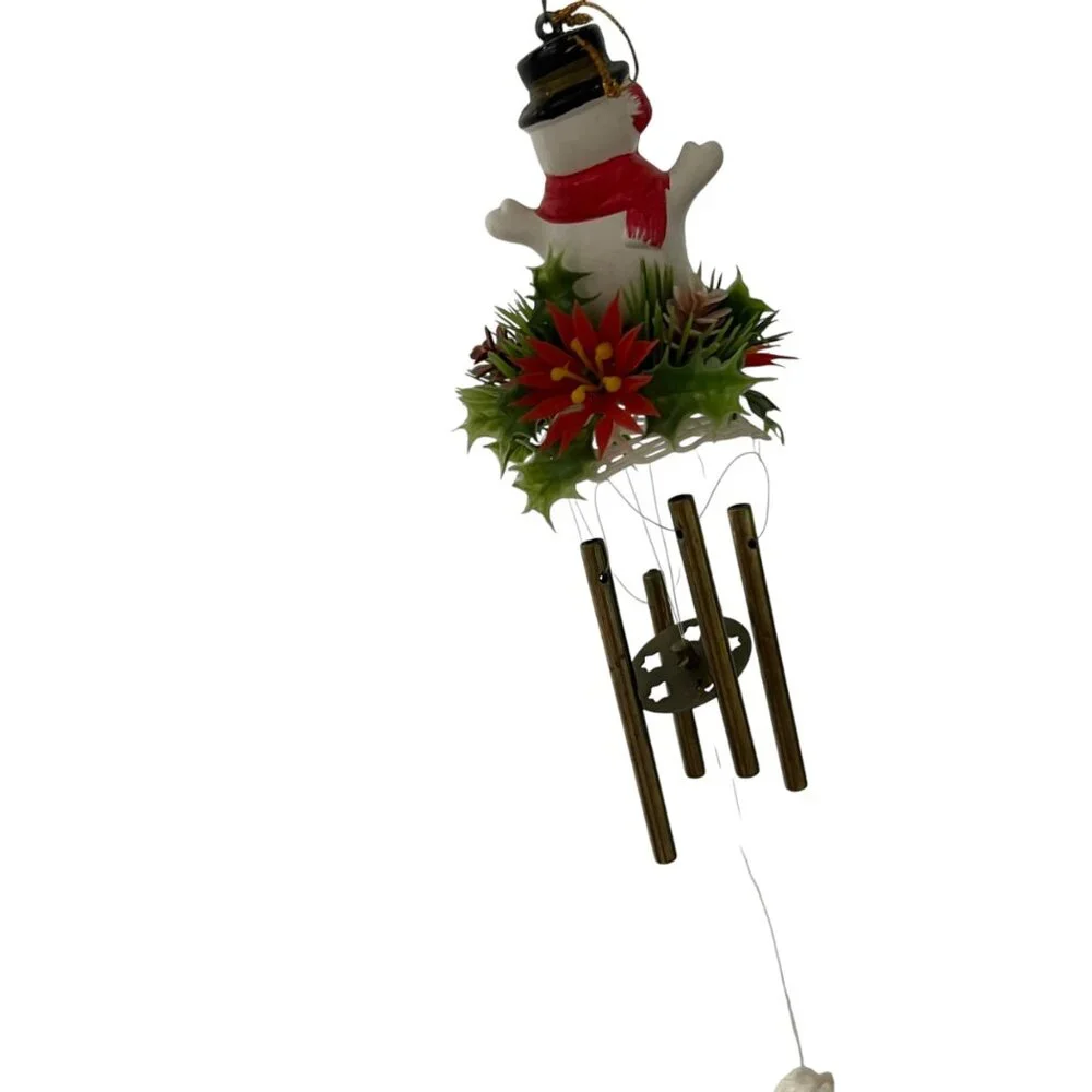 Vintage Plastic Snowman Wind Chime With Red Poinsettia & Bell Hanging Decoration